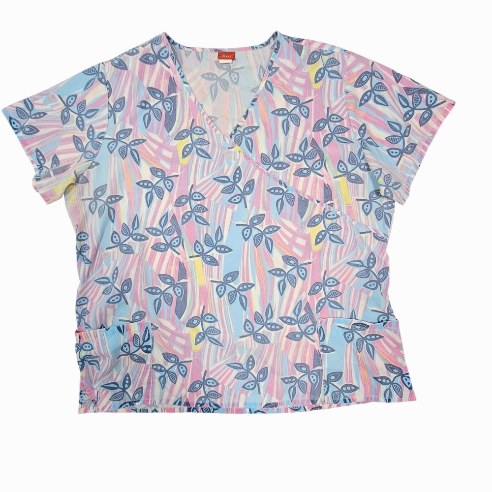 Denice Scrub Top 3XL Pink Blue Abstract Leaf V-Neck Mock Wrap 1018 Womens